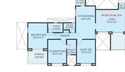 Floor plan of 3 BHK 1514 Sq. Ft. Apartment in Welworth Tinseltown, Pune