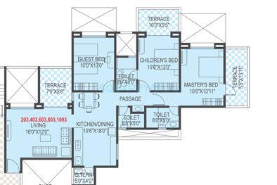 Floor plan of 3 BHK 1594 Sq. Ft. Apartment in Welworth Tinseltown, Pune