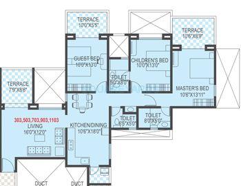 Floor plan of 3 BHK 1598 Sq. Ft. Apartment in Welworth Tinseltown, Pune