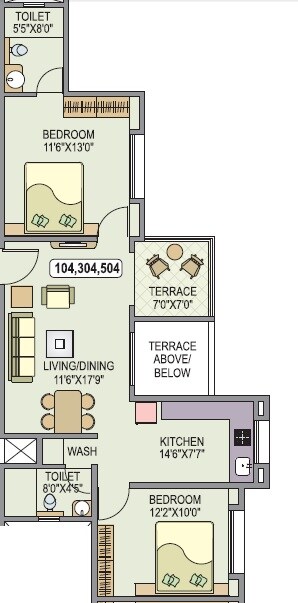 Floor plan of 2 BHK 670 Sq. Ft. Apartment in Whispering Winds Phase 1, Pune