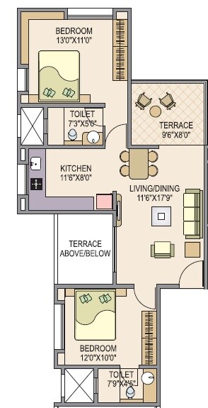 Floor plan of 2 BHK 682 Sq. Ft. Apartment in Whispering Winds Phase 1, Pune