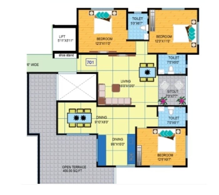 Floor plan of 3 BHK 1106 Sq. Ft. Apartment in Whitestone Celestia, Pune
