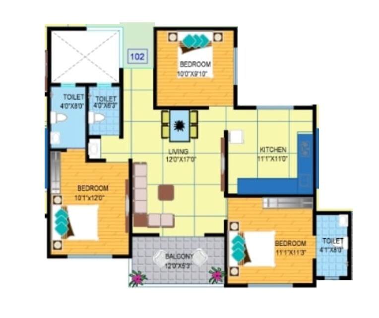 Floor plan of 3 BHK 922 Sq. Ft. Apartment in Whitestone Celestia, Pune