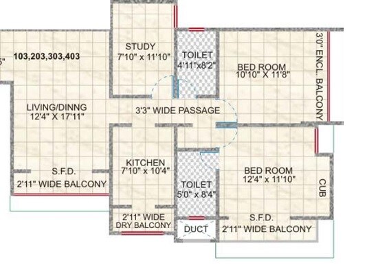 Floor plan of 2 BHK 540 Sq. Ft. Apartment in Windchime Homes, Pune
