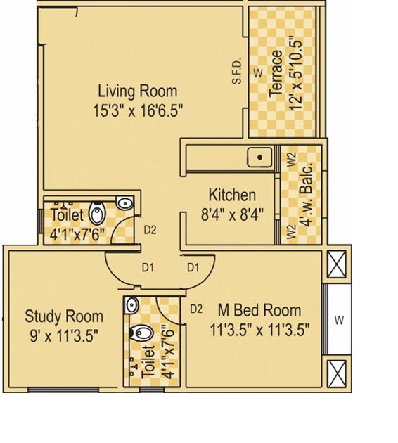 Floor plan of 2 BHK 708 Sq. Ft. Apartment in Windchime Homes, Pune