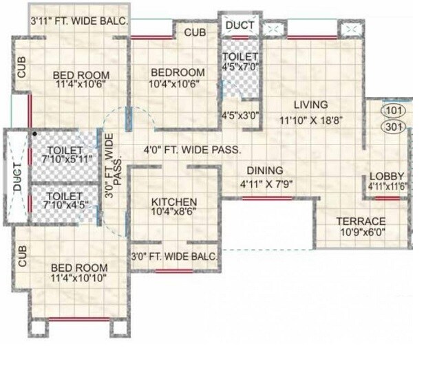 Floor plan of 3 BHK 824 Sq. Ft. Apartment in Windchime Homes, Pune