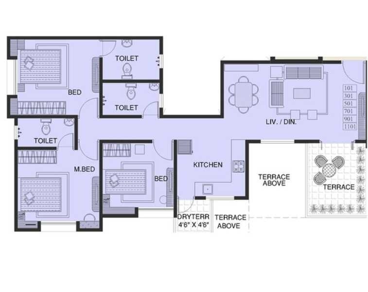 Floor plan of 3 BHK Apartment - 983 sq. ft. in Windsor County, Pune