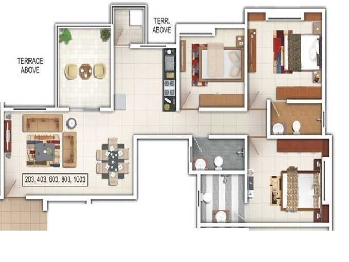 Floor plan of 3 BHK 1006 Sq. Ft. Apartment in Windsor County Phase II, Pune