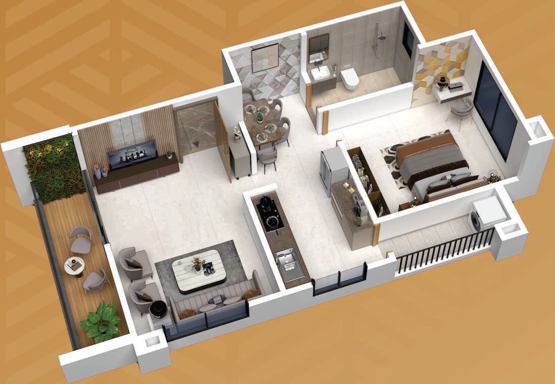 Floor plan of 1 BHK 491 Sq. Ft. Apartment in WP Royal Elevia, Pune