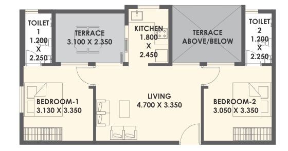 Floor plan of 2 BHK 601 Sq. Ft. Apartment in Xrbia Abode, Pune