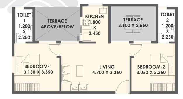Floor plan of 2 BHK 604 Sq. Ft. Apartment in Xrbia Abode, Pune