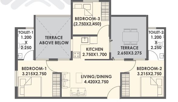 Floor plan of 3 BHK 627 Sq. Ft. Apartment in Xrbia Abode, Pune