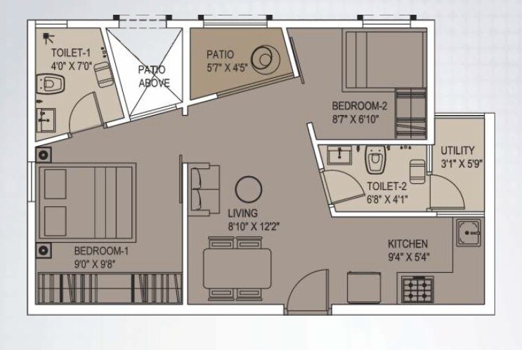 Floor plan of 2 BHK 587 Sq. Ft. Apartment in Xrbia Apartments, Pune