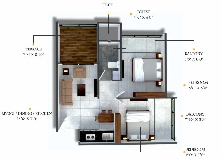 Floor plan of 2 BHK 404 Sq. Ft. Apartment in Xrbia Balewadi, Pune