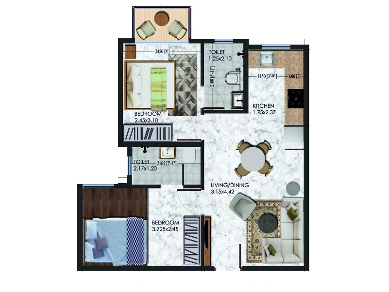 Floor plan of 2 BHK 457 Sq. Ft. Apartment in Xrbia Dhanori Ph 2, Pune