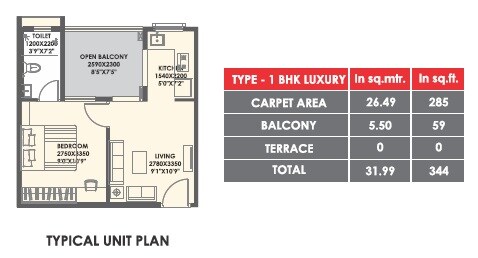 Floor plan of 1 BHK 285 Sq. Ft. Apartment in Xrbia Eiffel City, Pune