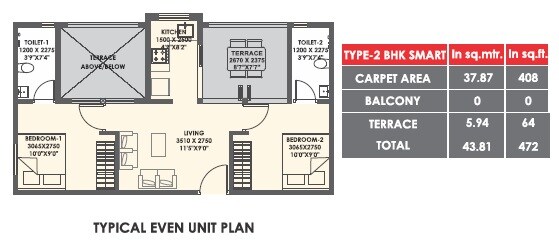 Floor plan of 2 BHK 408 Sq. Ft. Apartment in Xrbia Eiffel City, Pune