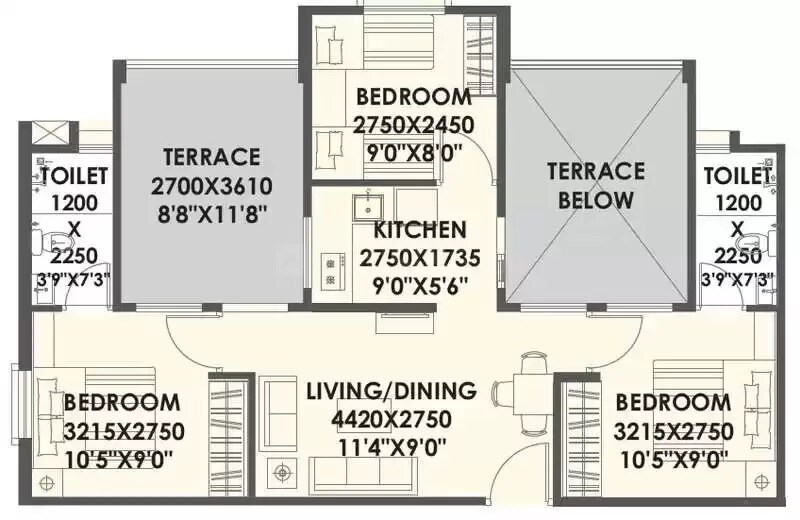 Floor plan of 3 BHK 532 Sq. Ft. Apartment in Xrbia Eiffel City, Pune