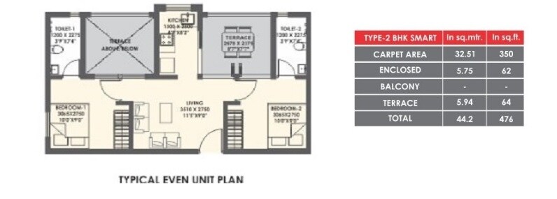 Floor plan of 2 BHK 350 Sq. Ft. Apartment in Xrbia Eiffel City Phase 2, Pune