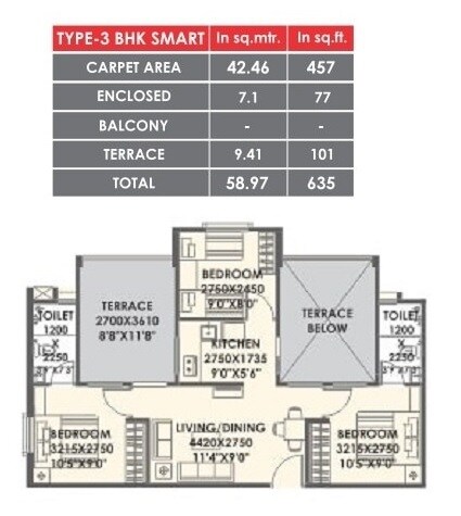 Floor plan of 3 BHK 457 Sq. Ft. Apartment in Xrbia Eiffel City Phase 2, Pune