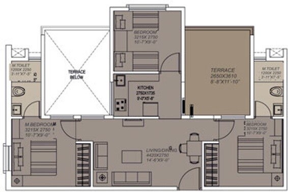 Floor plan of 3 BHK 626 Sq. Ft. Apartment in Xrbia Eiffel City Phase 2, Pune
