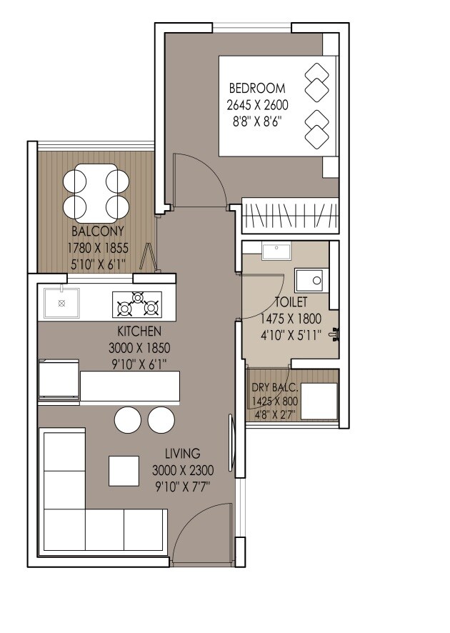 Floor plan of 1 BHK 268 Sq. Ft. Apartment in Xrbia Market Yard Phase 1, Pune