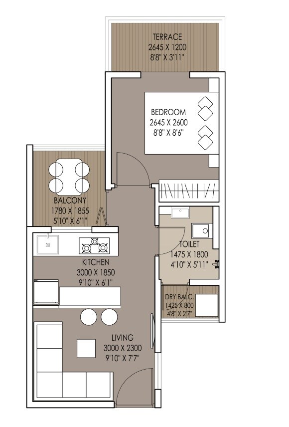 Floor plan of 1 BHK 289 Sq. Ft. Apartment in Xrbia Market Yard Phase 1, Pune