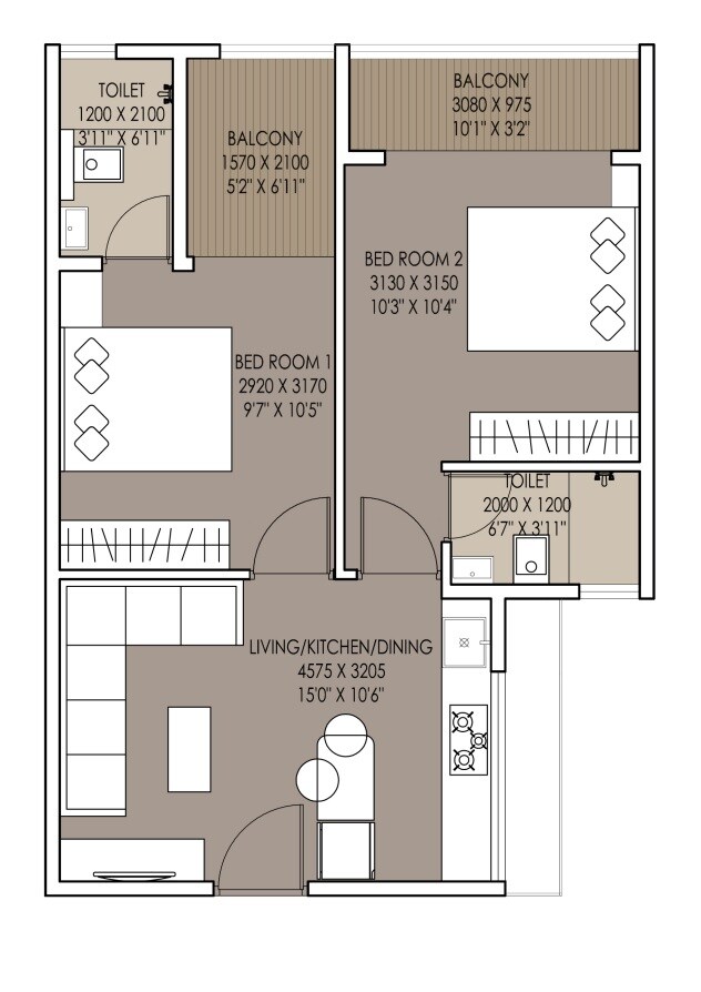 Floor plan of 2 BHK 451 Sq. Ft. Apartment in Xrbia Market Yard Phase 1, Pune