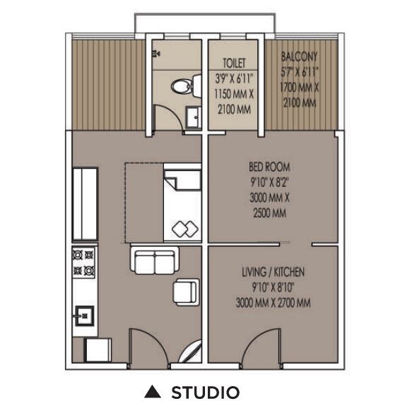 Floor plan of 205 Sq. Ft. Studio in Xrbia Market Yard Phase 1, Pune