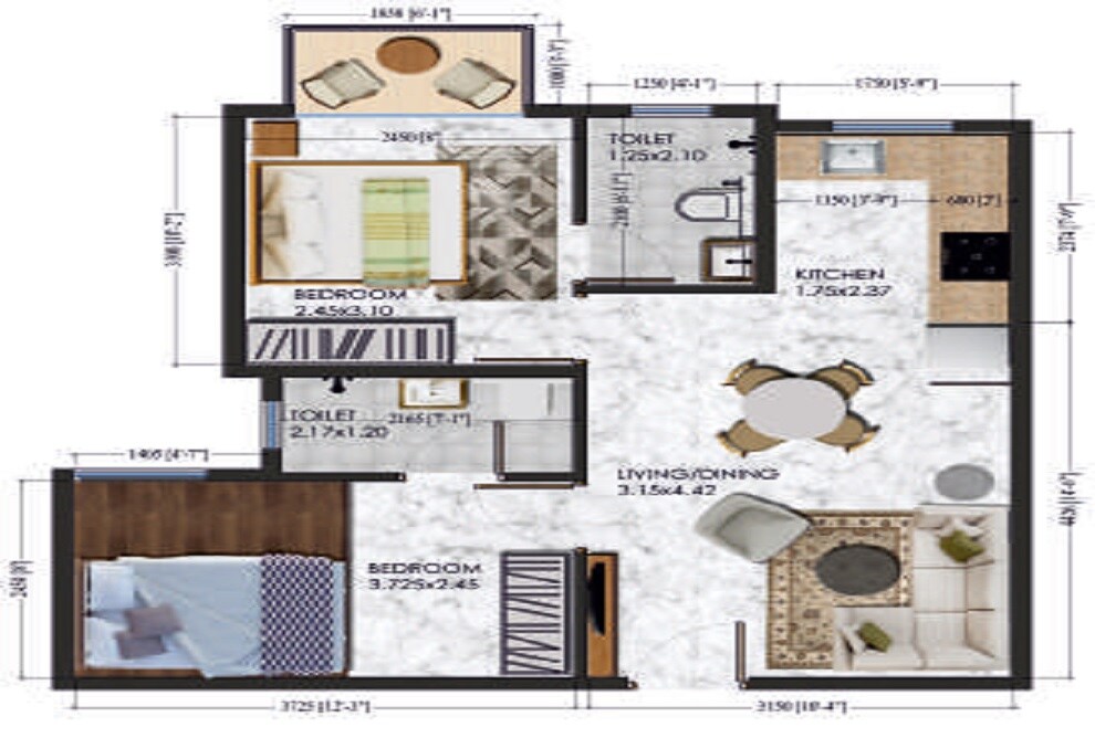 Floor plan of 2 BHK 486 Sq. Ft. Apartment in Xrbia Singa Dhanori Phase 3, Pune