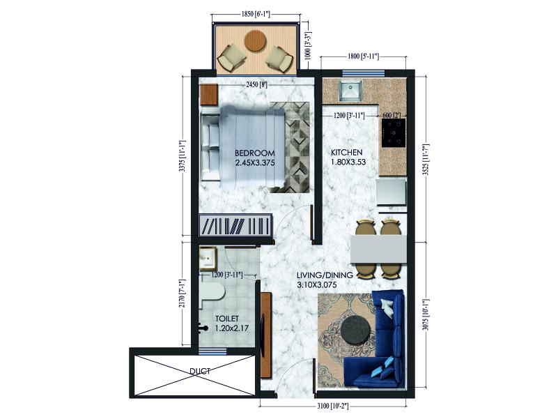 Floor plan of 1 BHK 326 Sq. Ft. Apartment in Xrbia Singapune, Pune