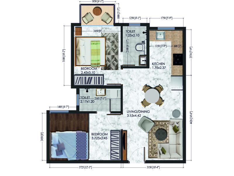 Floor plan of 2 BHK 486 Sq. Ft. Apartment in Xrbia Singapune, Pune