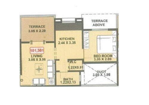 Floor plan of 1 BHK 413 Sq. Ft. Apartment in Yash Anand Park, Pune