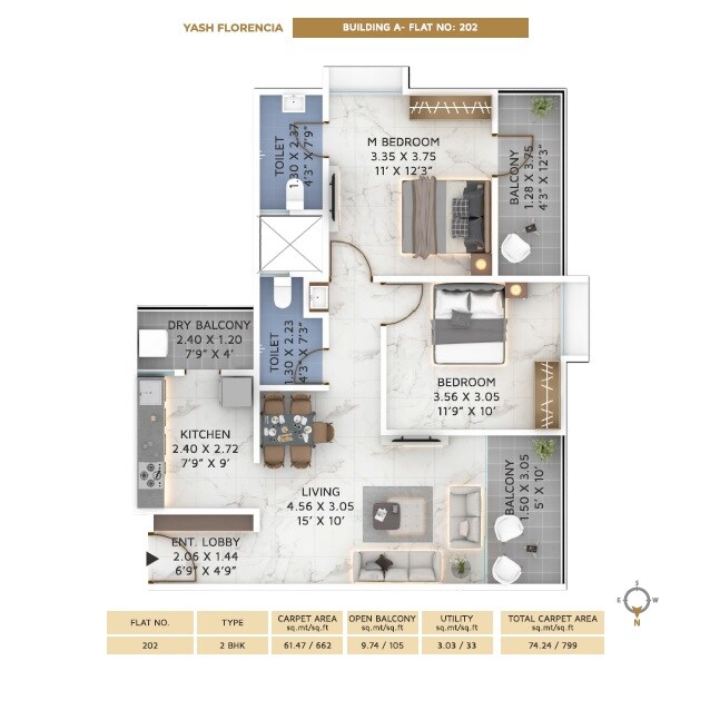 Floor plan of 2 BHK 780 Sq. Ft. Apartment in Yash Florencia, Pune