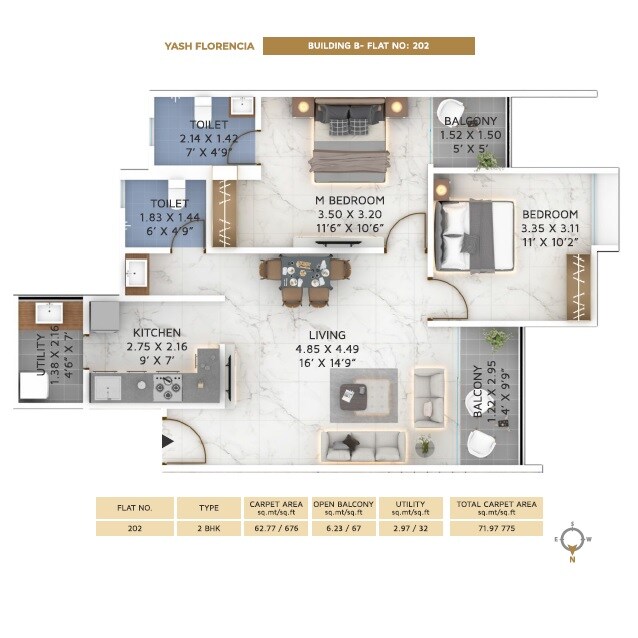 Floor plan of 2 BHK 847 Sq. Ft. Apartment in Yash Florencia, Pune