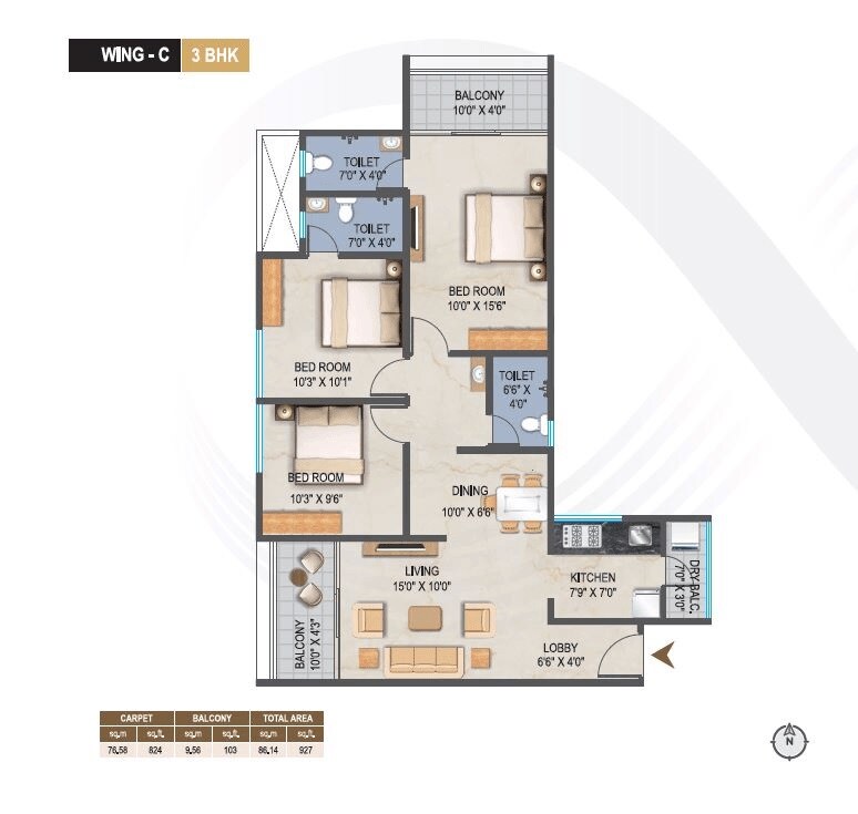 Floor plan of 3 BHK 927 Sq. Ft. Apartment in Yash Florencia, Pune