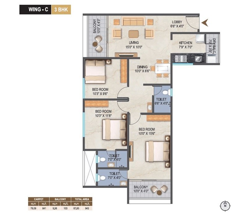Floor plan of 3 BHK 943 Sq. Ft. Apartment in Yash Florencia, Pune