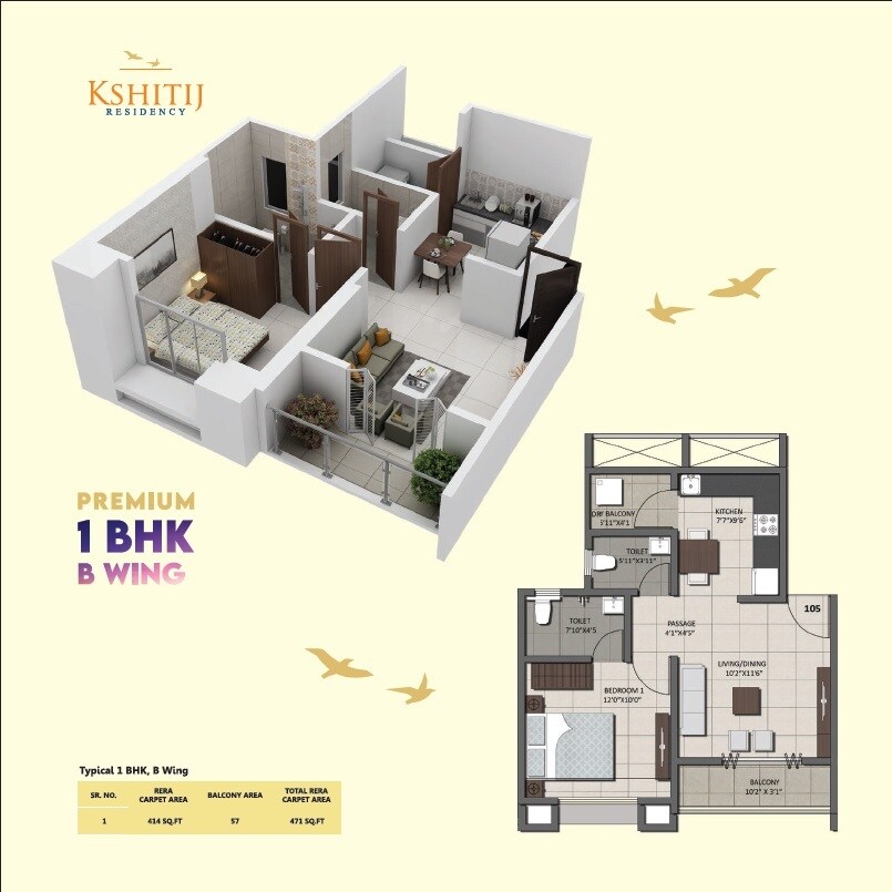 Floor plan of 1 BHK 471 Sq. Ft. Apartment in Yash Kshitij Residency, Pune