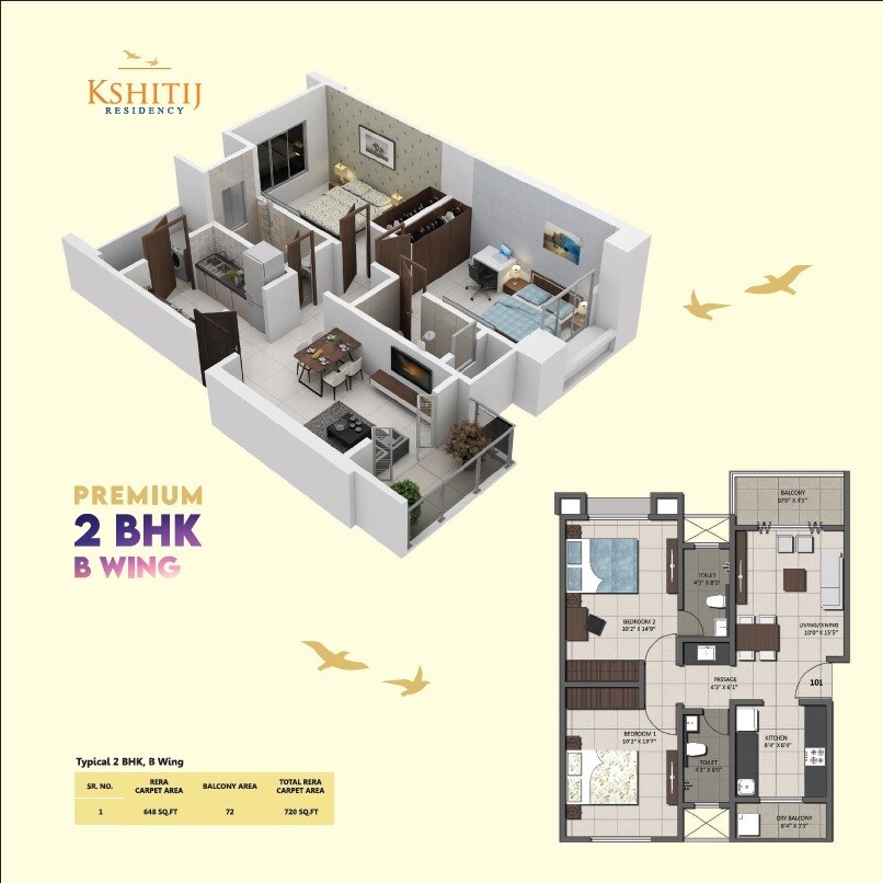 Floor plan of 2 BHK 720 Sq. Ft. Apartment in Yash Kshitij Residency, Pune