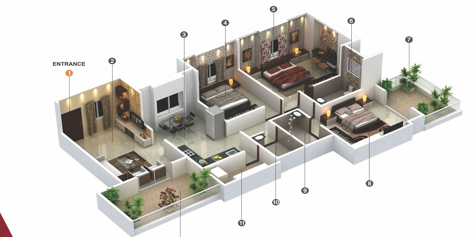 Floor plan of 3 BHK 1448 Sq. Ft. Apartment in Yash Orchid, Pune