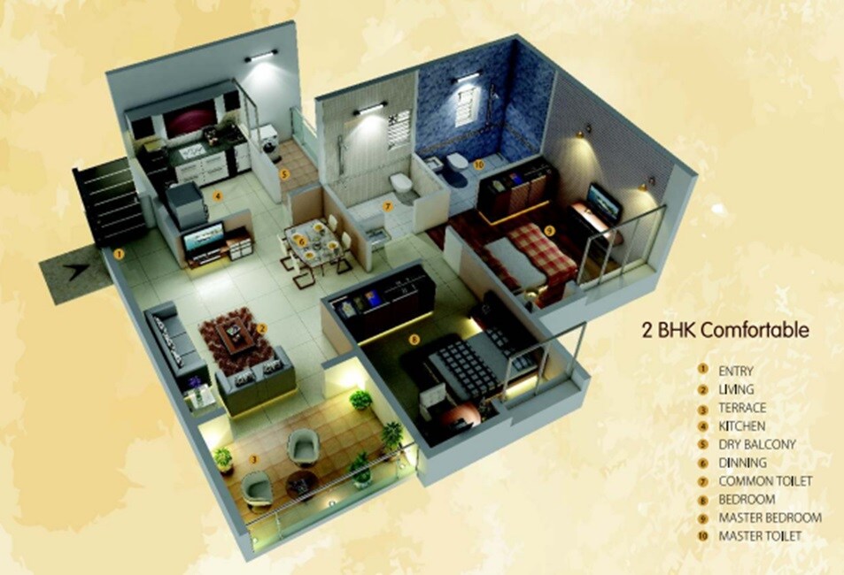 Floor plan of 2 BHK 671 Sq. Ft. Apartment in Yash Sherlyn Avenue, Pune