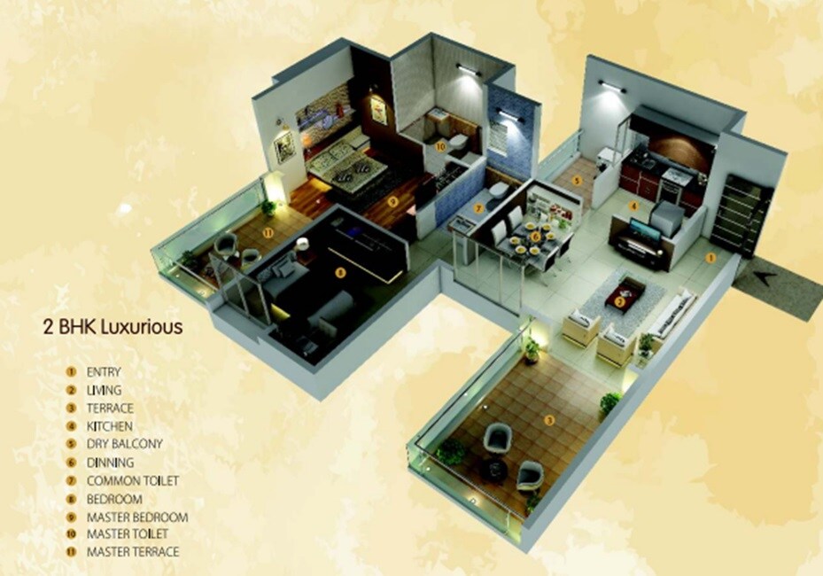 Floor plan of 2 BHK 851 Sq. Ft. Apartment in Yash Sherlyn Avenue, Pune