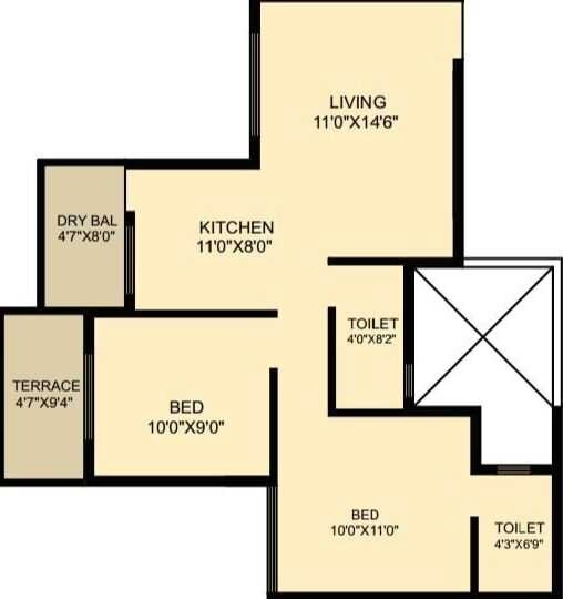 Floor plan of 2 BHK 431 Sq. Ft. Apartment in Yash Tulip Homes, Pune