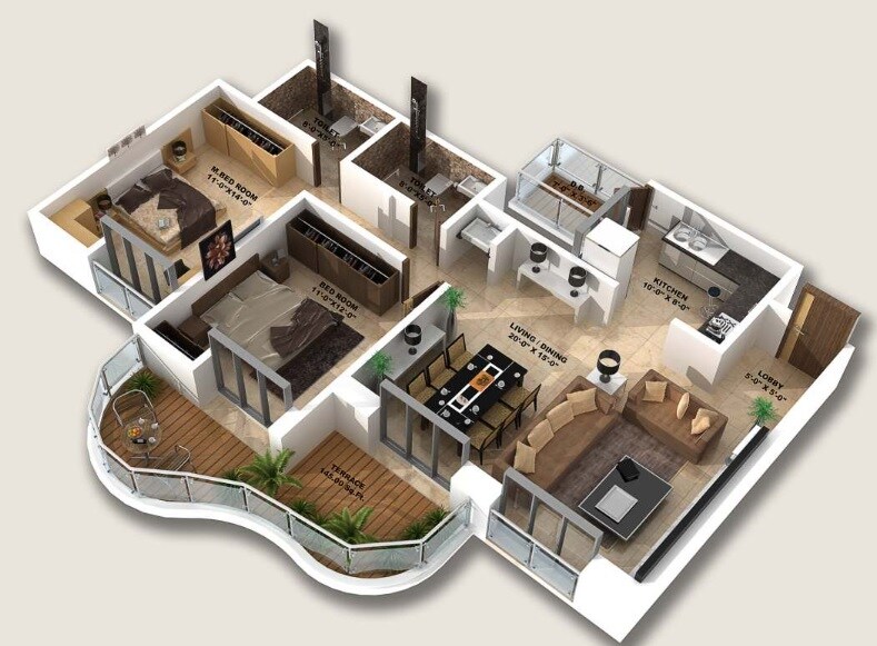 Floor plan of 2 BHK 1003 Sq. Ft. Apartment in Yash Twin Tower, Pune