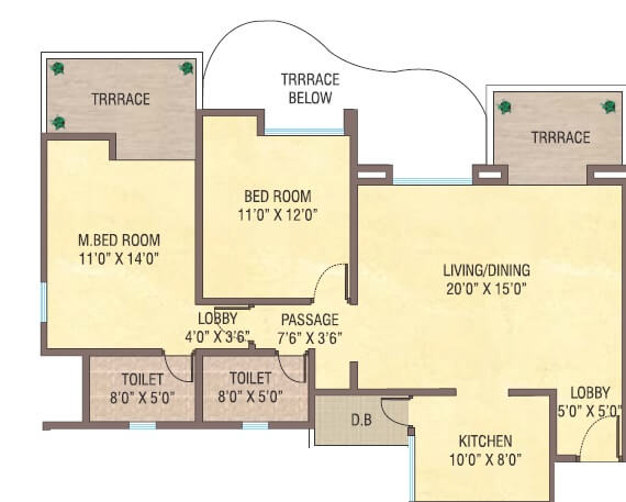 Floor plan of 2 BHK 991 Sq. Ft. Apartment in Yash Twin Tower, Pune