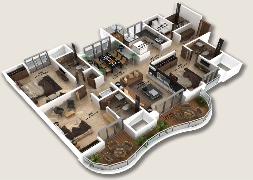 Floor plan of 3 BHK 1375 Sq. Ft. Apartment in Yash Twin Tower, Pune