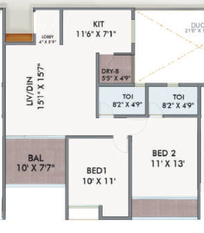 Floor plan of 2 BHK 862 Sq. Ft. Apartment in Yash Vastu Park Land Homes, Pune