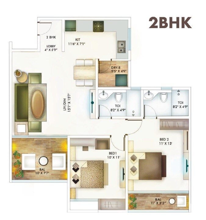 Floor plan of 2 BHK 886 Sq. Ft. Apartment in Yash Vastu Park Land Homes, Pune