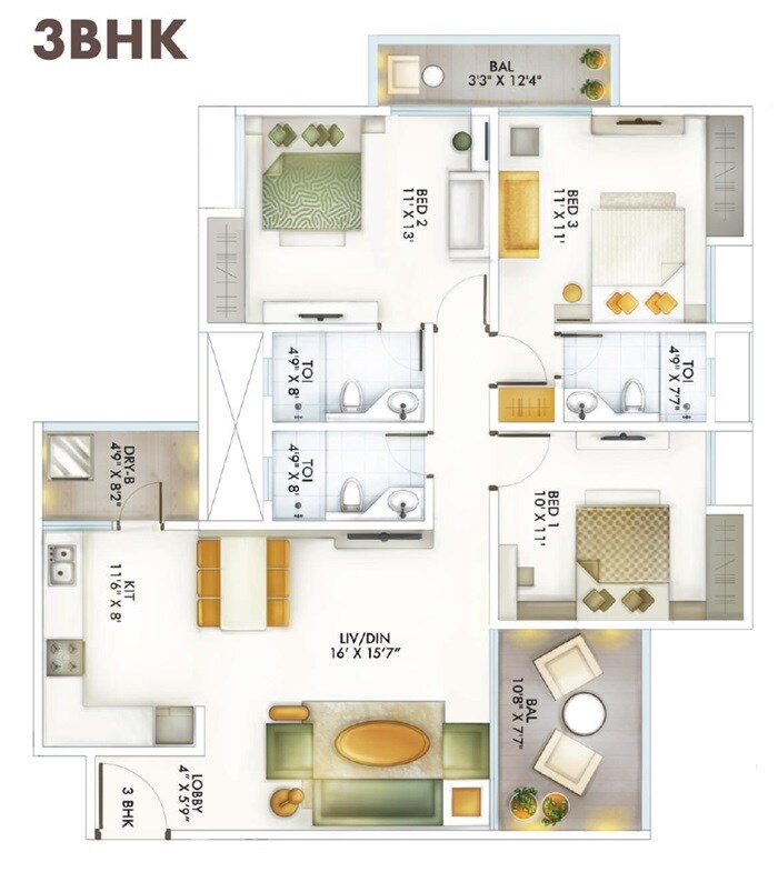 Floor plan of 3 BHK 1154 Sq. Ft. Apartment in Yash Vastu Park Land Homes, Pune