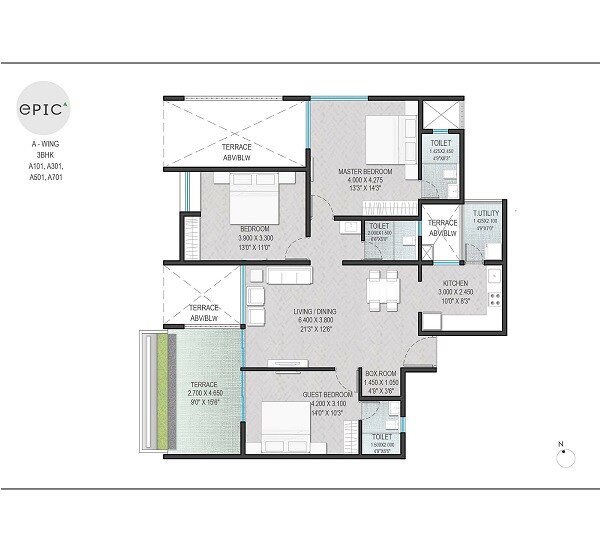 Floor plan of 3 BHK 1002 Sq. Ft. Apartment in Yashada Epic Phase 1, Pune